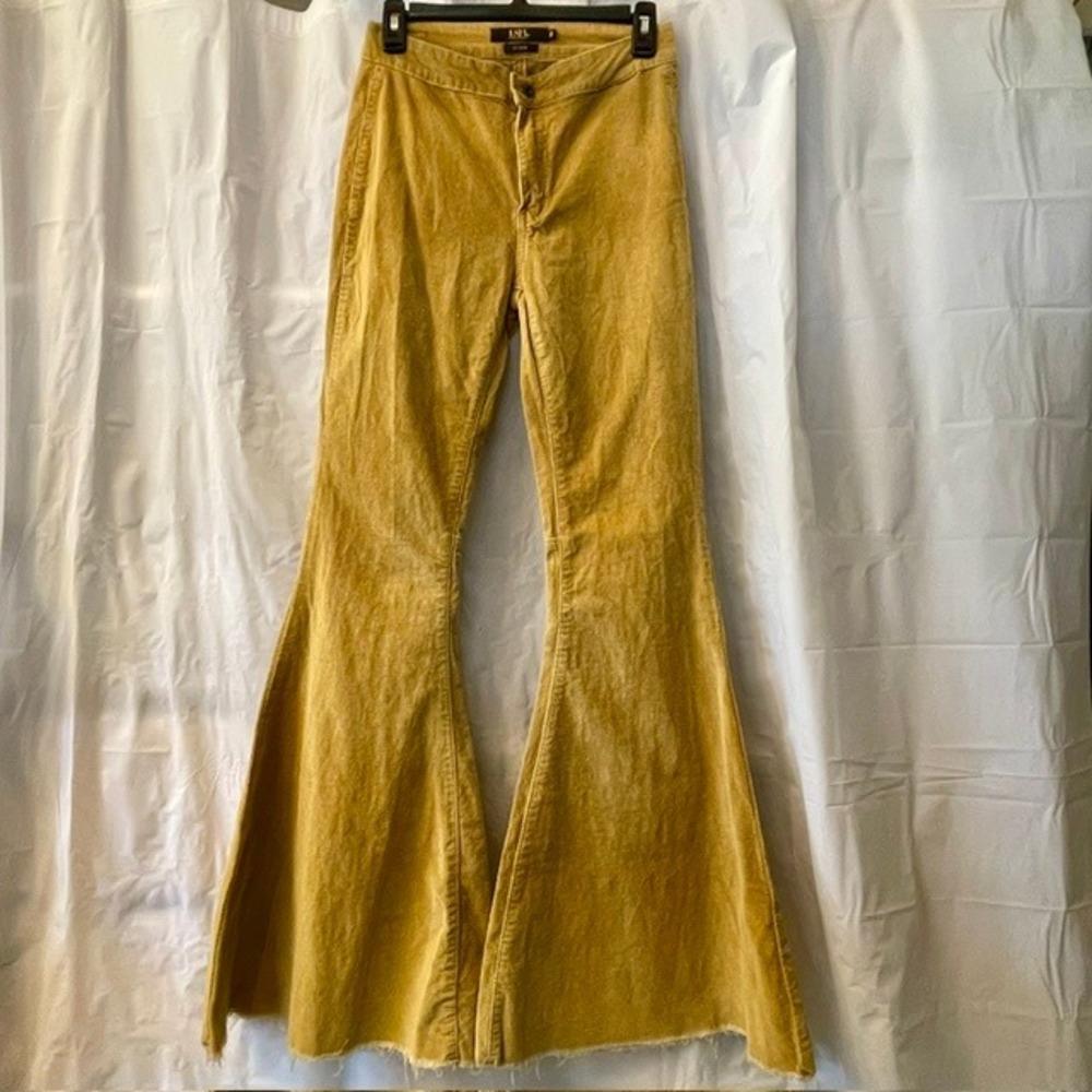 Lucky & Blessed Mustard Corduroy Extreme Flare Bell Bottom Frayed Hem Pants Sz 2